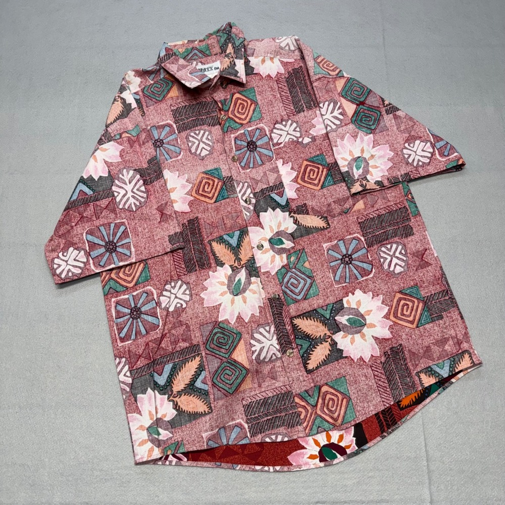 Vintage Rare Maxx FM Mens Large Red Geometric Floral Cotton SS Button Shirt
